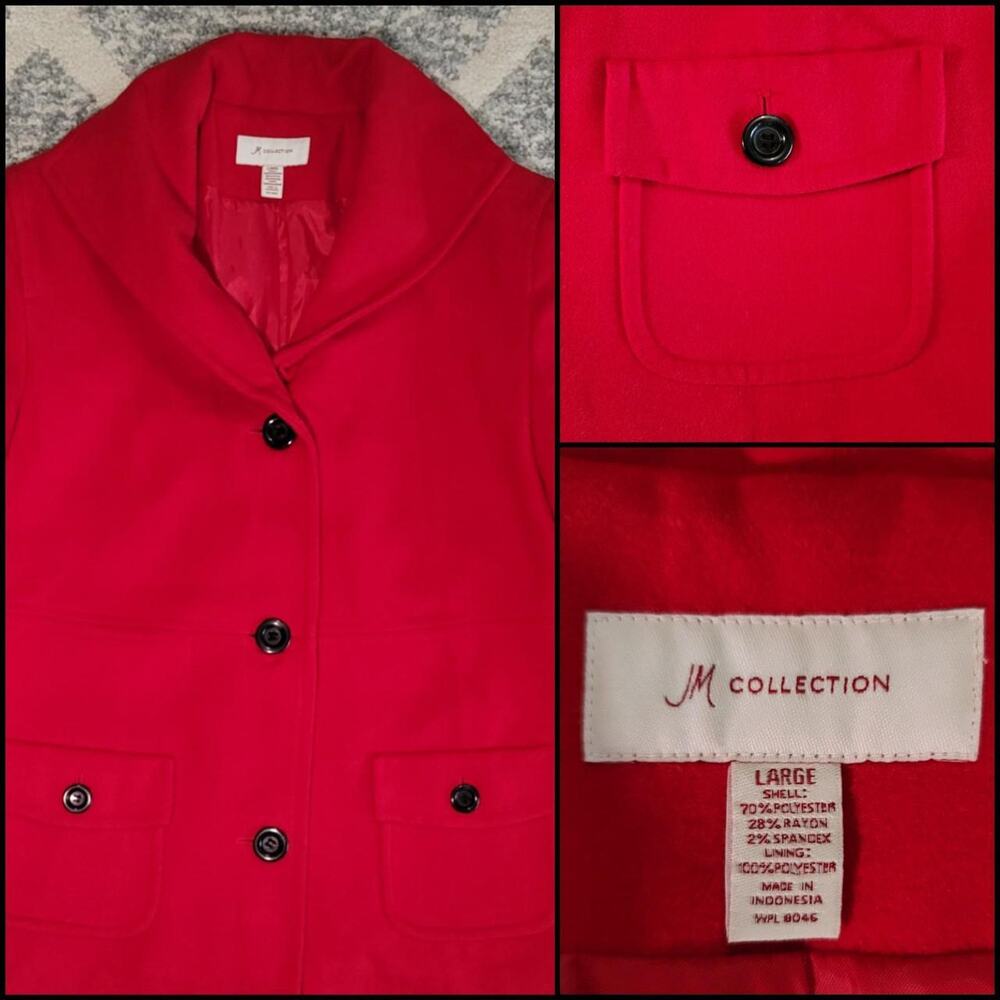 JM Collection Retro Cozy Red Single-Breasted Pea Coat - Picture 6 of 6